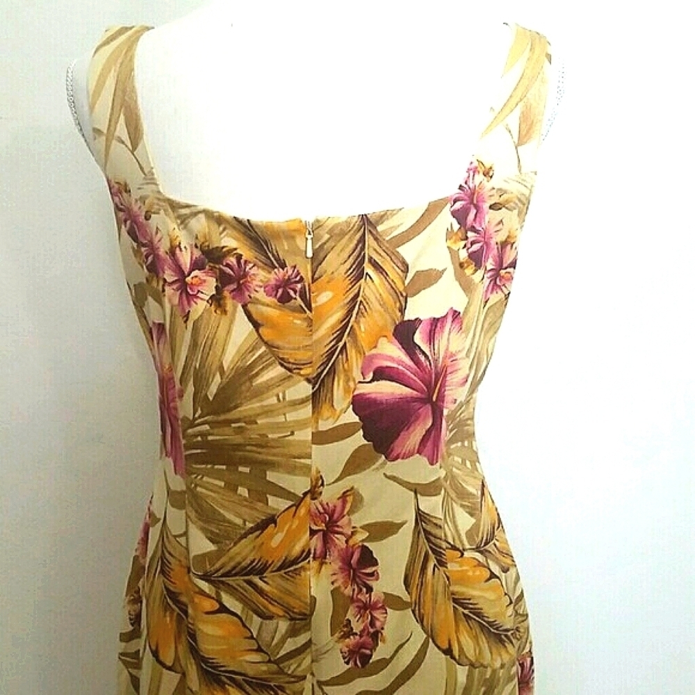 Sundress Palm Leaf Print Floral Midi Lined beige yellow pink red halter top - Picture 3 of 5